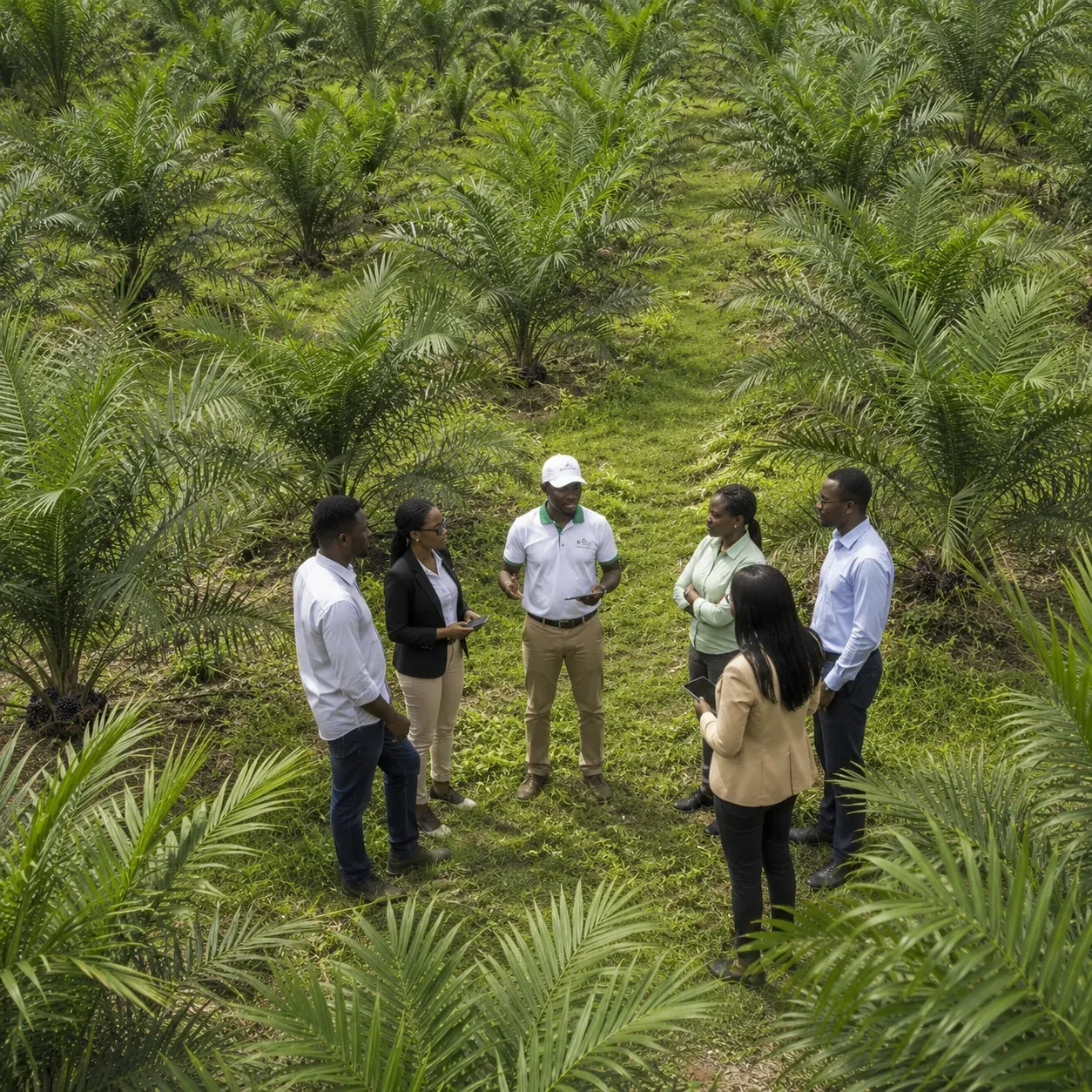 AgriCapital — équipe AgriCapital en réunion dans une plantation de palmiers