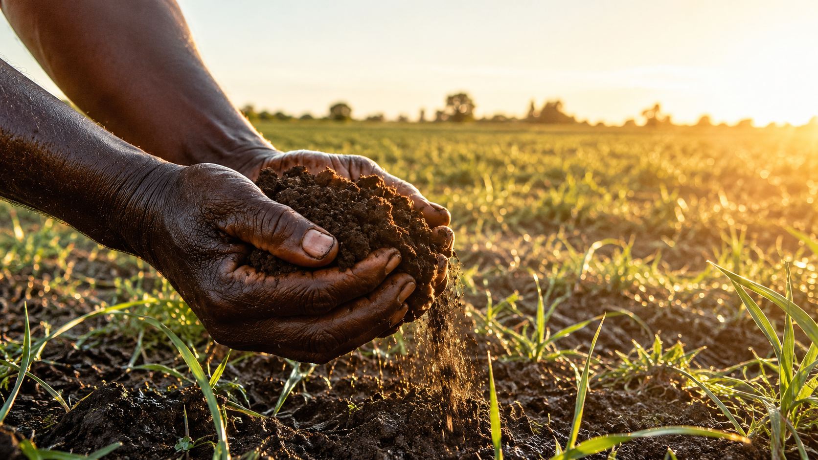 Mains d'agriculteur tenant une terre fertile au coucher du soleil